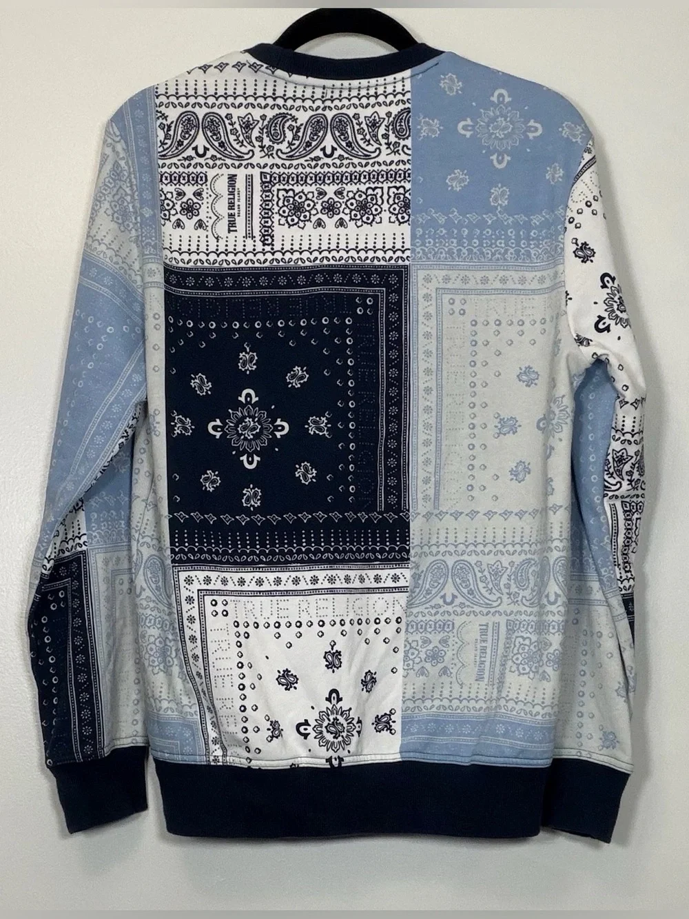 True Religion Men's Blue Patchwork Bandana Crewneck Sweatshirt